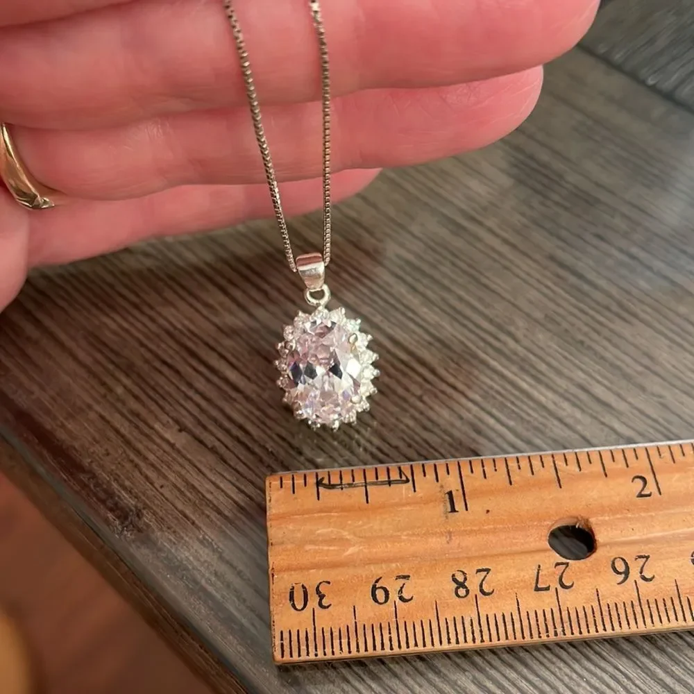 Vintage Oval Halo CZ Pendant with Sterling Silver Box Chain